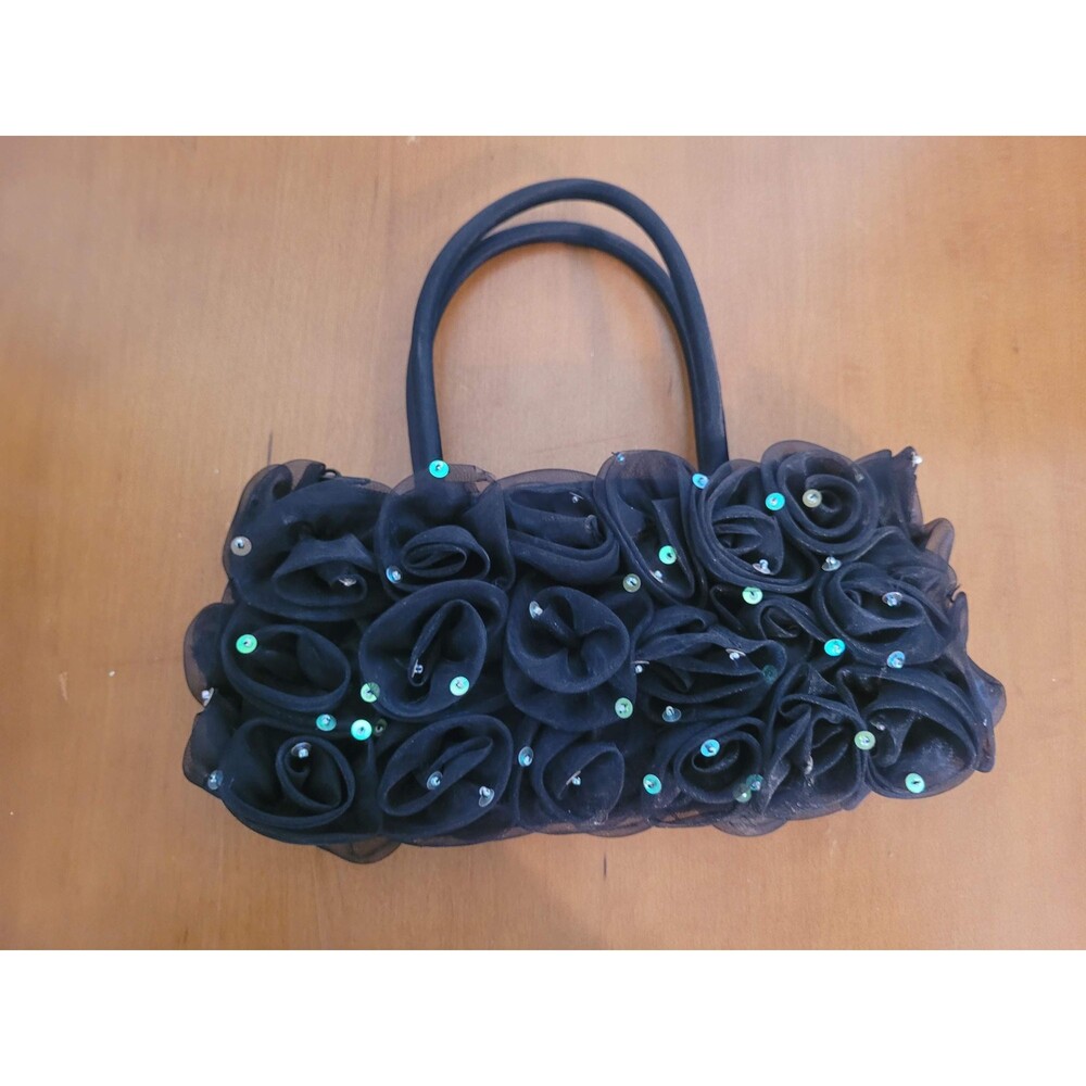 Y2K Vintage Black Rosette Sequin Mini Tote Bag | Formal, Coquette, Party Clutch